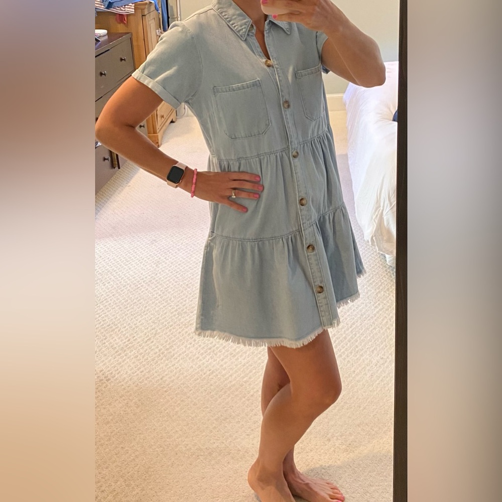 Show Me Your MuMu Light Blue Chambray Tiered Shirt Dress - Picture 4 of 5